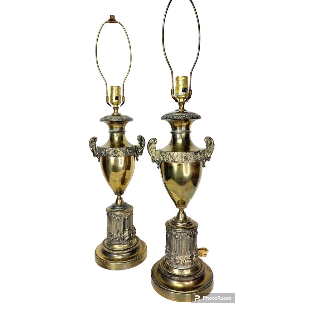 Antique Edwardian Brass Bronze Neoclassical Urn Trophy Parlor Lamps Gold Floral